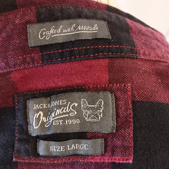 Jack & Jones Red Black Buffalo Plaid Button Down Long Sleeve Shirt Men's Size L - Picture 2 of 16